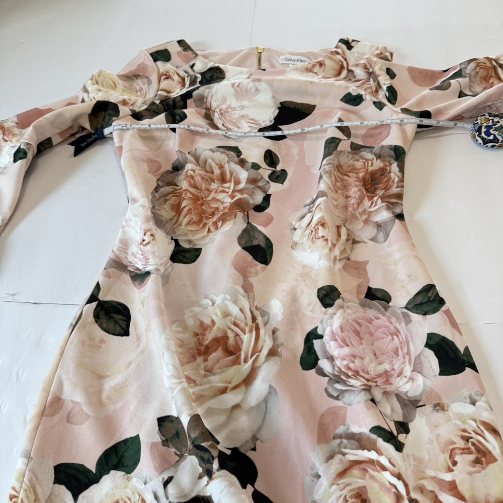 Calvin Klein Pink Floral Bell Sleeve Stretch Crepe Sheath Dress Size 6‎ - Picture 11 of 15